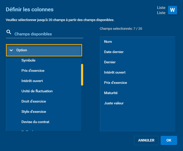 Sélection de colonnes par catégorie d’options